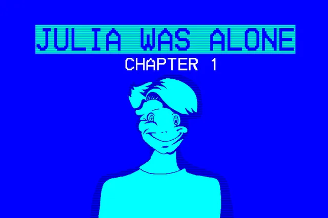 Julia Was Alone Chapter 1 title art: a grinning, wide-eyed man drawn in cyan on a blue background beside the title