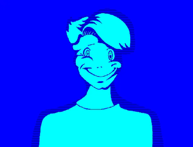 Close-up of the grinning man with wide eyes, drawn in cyan line art on blue