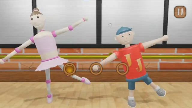 Julian & Friends screenshot: Julian and Darcy dancing in a ballet studio with rhythm prompts on screen