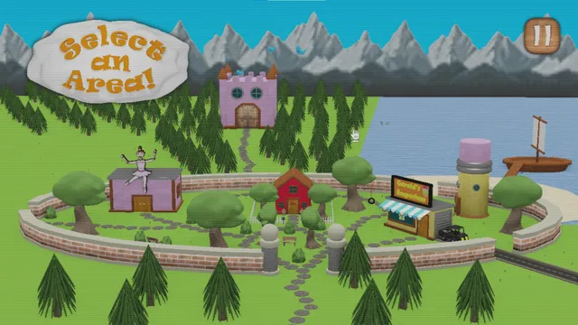 Julian & Friends screenshot: a cheerful town map with a castle, houses and a lighthouse and the words Select an Area