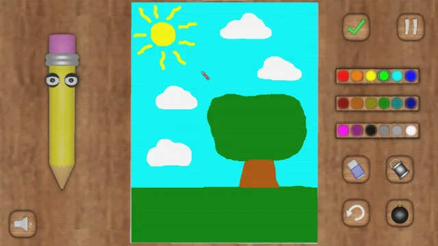 Julian & Friends screenshot: Mr. Write the pencil beside a child's drawing of a tree and sun