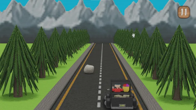 Julian & Friends screenshot: a car minigame on a road between pine trees
