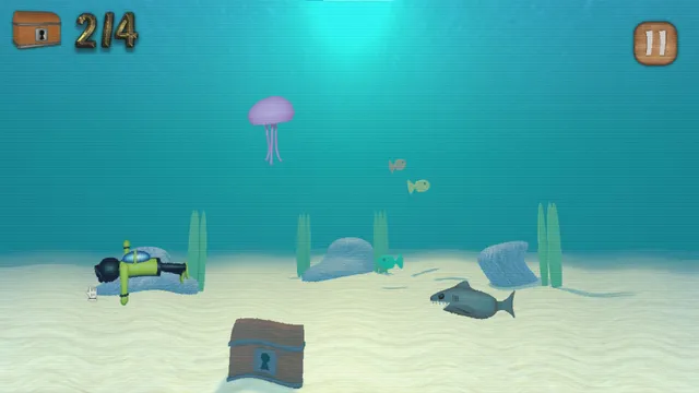 Julian & Friends screenshot: an underwater diving minigame with a treasure chest and a shark