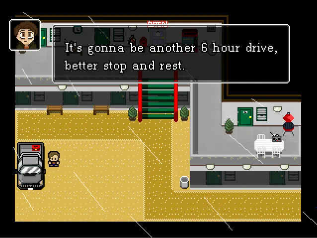 Just Ignore Them: a man beside his car outside a motel, thinking about another six-hour drive