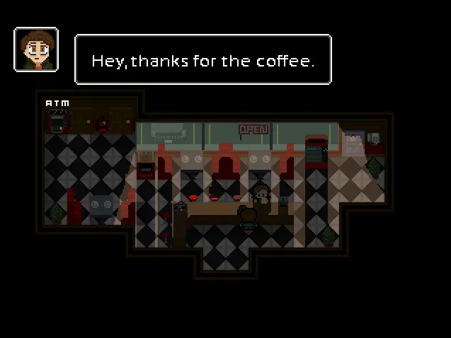 Just Ignore Them: a pixel-art diner with a checked floor while a woman thanks someone for the coffee