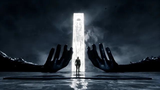 A lone figure stands before a glowing white monolith between two giant black hands rising from water