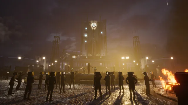 A crowd of people with television screens for heads gathered in a rainy square before a Leviathan tower