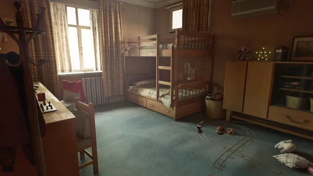 A children's bedroom with bunk beds and toys scattered on the carpet, part of a remembered home