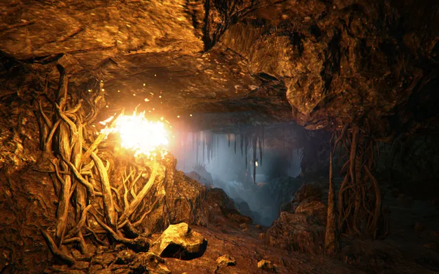 Kholat screenshot: a cave with roots on the walls and a burning light in the dark