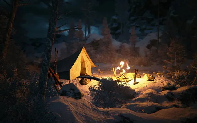 Kholat screenshot: a lit tent and a campfire in the snow among dark trees