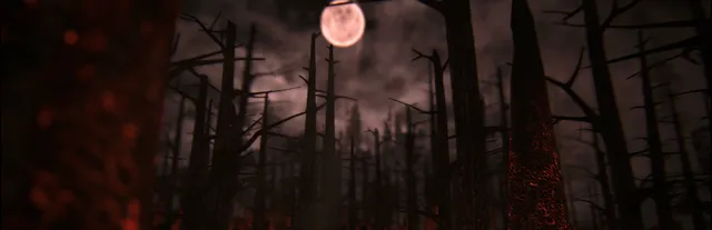 Kholat: a dead forest of bare trees at night under a red moon