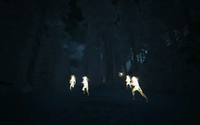 Kholat screenshot: glowing human-shaped figures running through a dark snowy forest