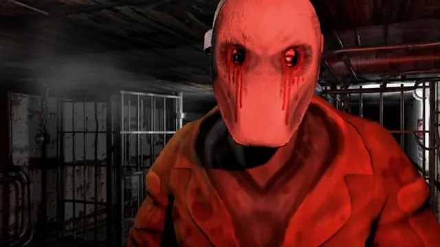 Killer Escape title art: the killer in a pale mask with bleeding eyes and a red coat, standing in a dim basement of cages and pipes