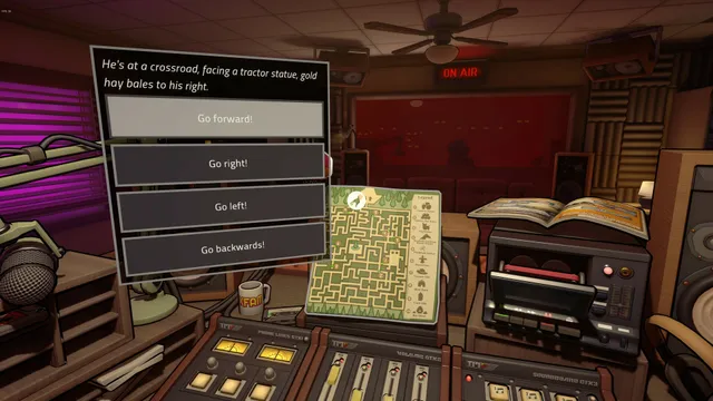 Killer Frequency screenshot: dialogue choices to guide a caller through a maze, with the maze map held up in the radio booth