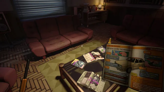 Killer Frequency screenshot: the station lounge at night, with a magazine open on instructions for hot-wiring a car