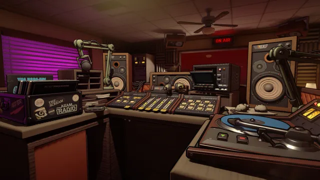 Killer Frequency screenshot: the 1980s radio booth with an ON AIR sign, microphones, speakers, a mixing desk and a record player