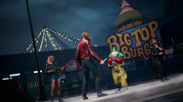 Killer Klowns screenshot: humans with a shotgun and a knife face a small boxing-glove Klown outside Big Top Burger