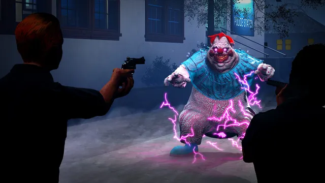 Killer Klowns screenshot: two humans aim pistols at a huge Klown crackling with pink electricity outside the police station