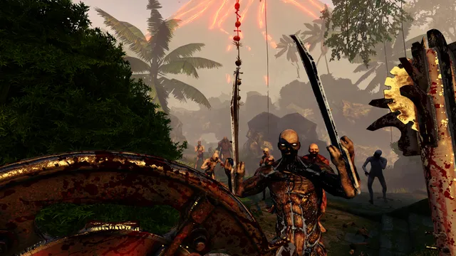 Killing Floor 2 screenshot: a pack of Zeds with blades for arms rush through a jungle at the player