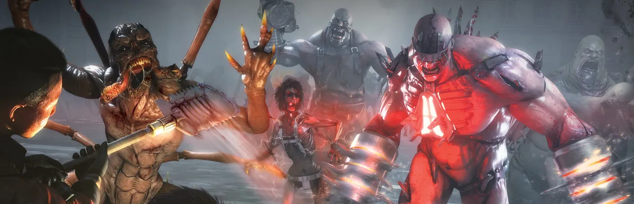 Killing Floor 2 key art: mercenaries fight a crowd of Zeds led by a glowing, armoured Fleshpound
