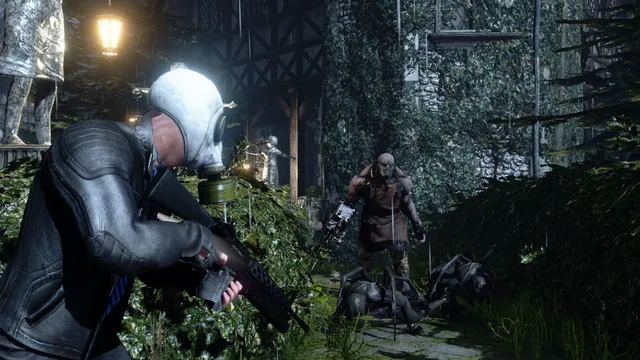 Killing Floor 2 screenshot: a gas-masked mercenary fires at Zeds in an overgrown, lamp-lit courtyard