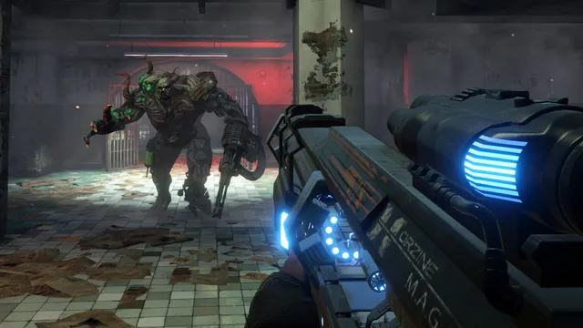 Killing Floor 2 screenshot: a hulking, mechanical Zed lumbers across a tiled hall toward the player's glowing energy rifle