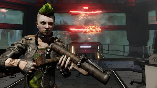 Killing Floor 2 screenshot: a punk mercenary with a green mohawk holds a grenade launcher in a burning lab
