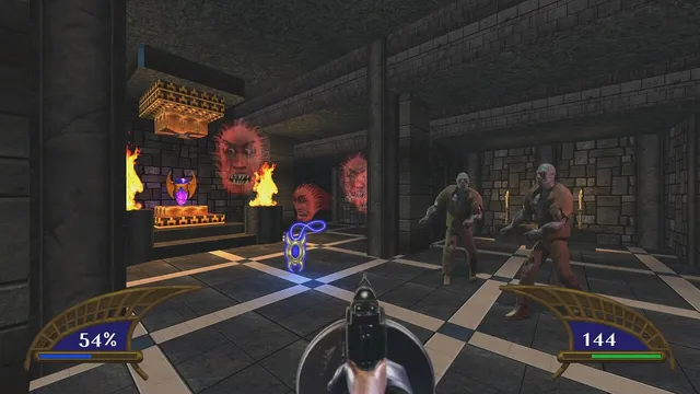 A dark stone hall with an Egyptian altar and red demon masks on the walls as two zombie men walk toward the player's gun