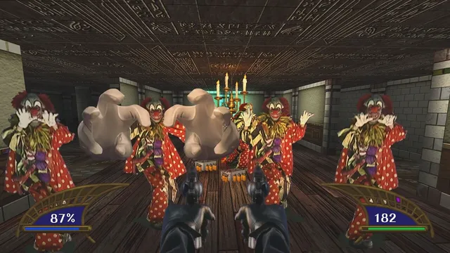 A row of grinning clowns in red polka-dot suits with huge white gloves in a wood-panelled room