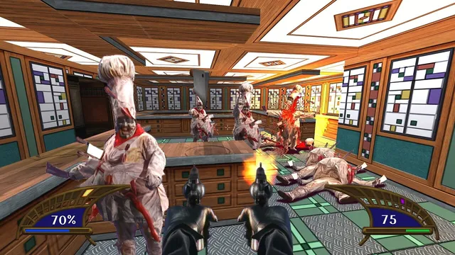 Zombie chefs with cleavers in a bloodied 1930s kitchen, the player holding two pistols
