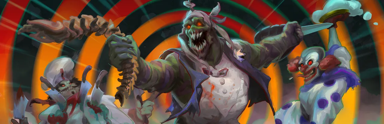 Killing Time: Resurrected key art: a grinning zombie butler holding a knife and a plate, a zombie and a polka-dot clown on an orange and red swirl