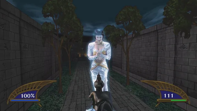 A glowing ghost of a woman in a white dress standing on a night garden path between hedge walls