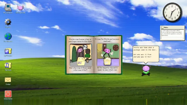 Kinito reading a picture storybook on the desktop about a package arriving at its door