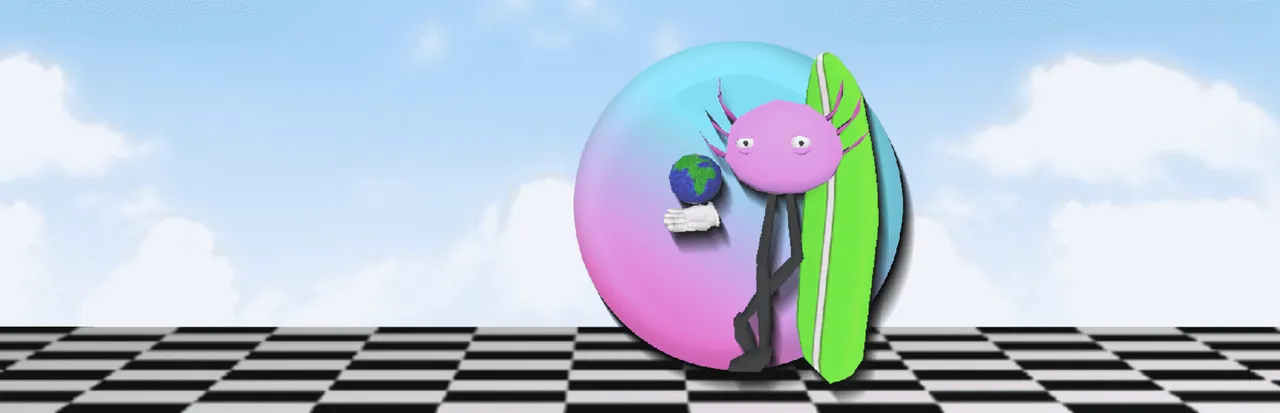 KinitoPET key art: Kinito, a pink axolotl-like assistant with a globe, leaning from a glossy pink and green oval over a checkered floor and a cloudy sky