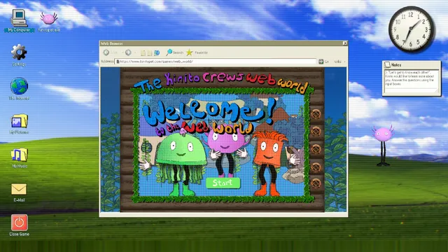 A browser window open to the Kinito Crews Web World, a cartoon site with smiling characters