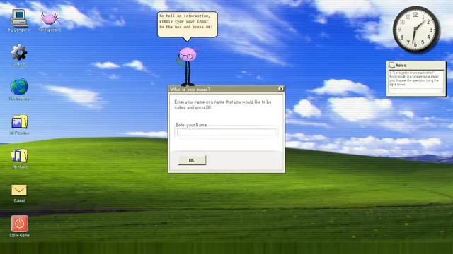 An early 2000s desktop with a green hill wallpaper as Kinito asks: What is your name?