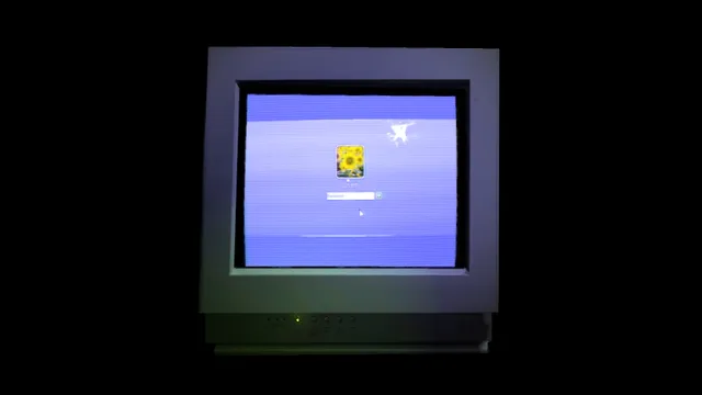 An old beige CRT monitor glowing in a dark room, showing a login screen