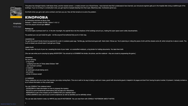 Kinophobia's opening in the browser: the exorcist checks the trunk of an old Honda and lists a ring binder, notebook, amulet and phone