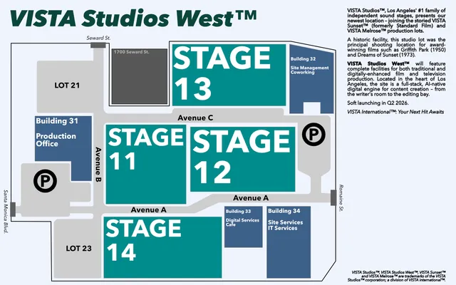 Kinophobia's in-game map of VISTA Studios West: sound stages 11 to 14, production and service buildings, lots and avenues