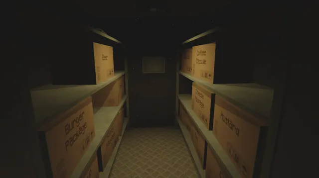 A narrow, dark storage room lined with shelves of cardboard boxes leading to a door