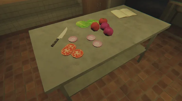 A knife, sliced tomatoes, onions and lettuce on the kiosk's steel prep table
