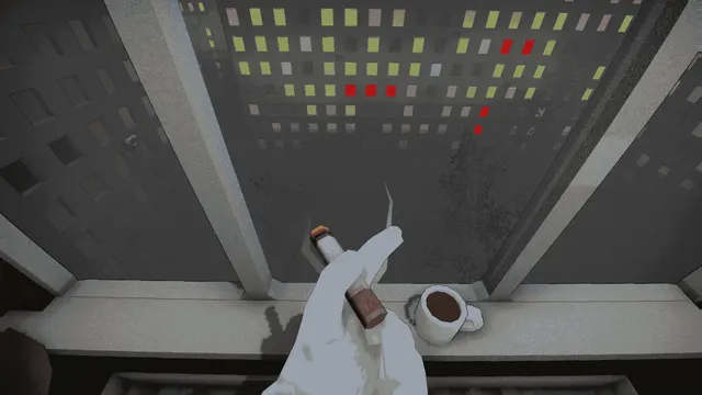 Kitchened screenshot: a pale hand holds a small bottle over a balcony ledge with a cup, facing lit city windows