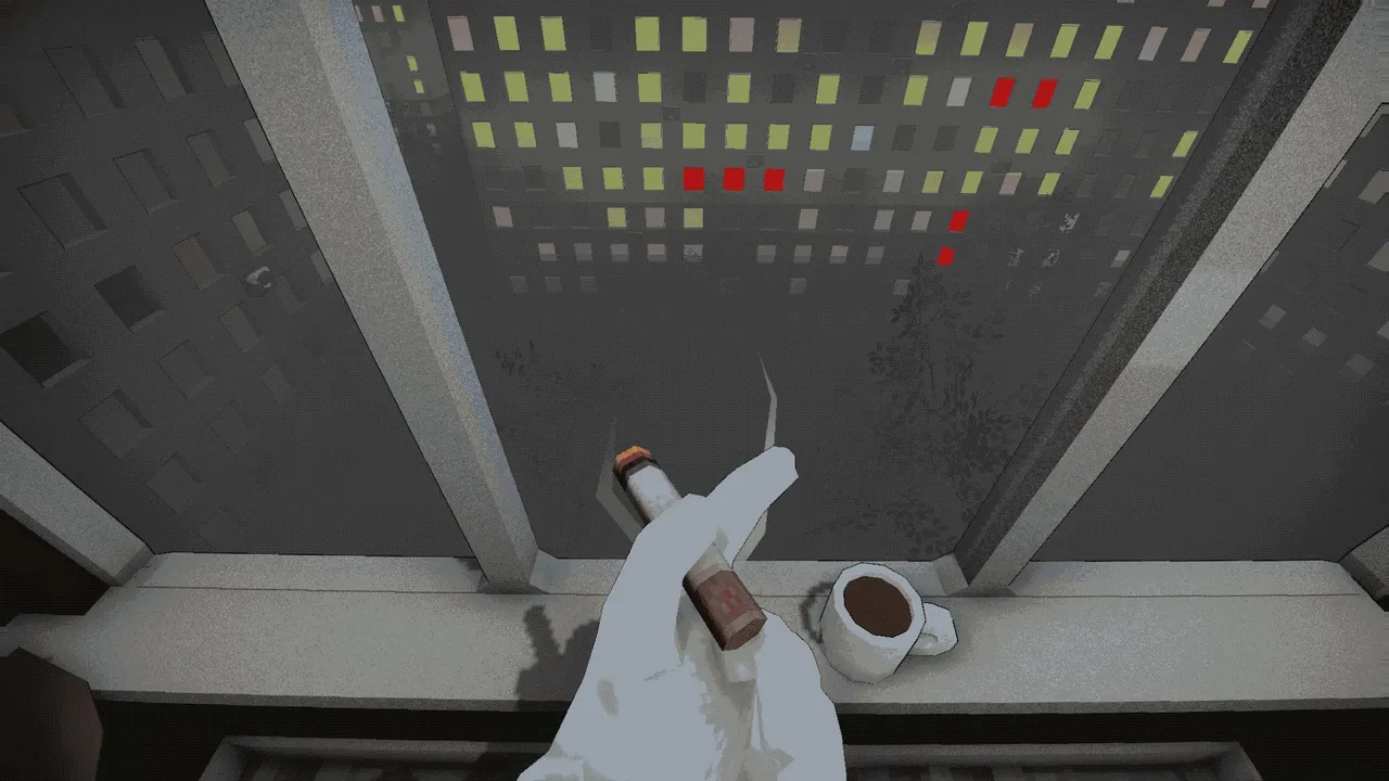 Kitchened screenshot: a pale hand holds a small bottle over a balcony ledge with a cup, facing lit city windows