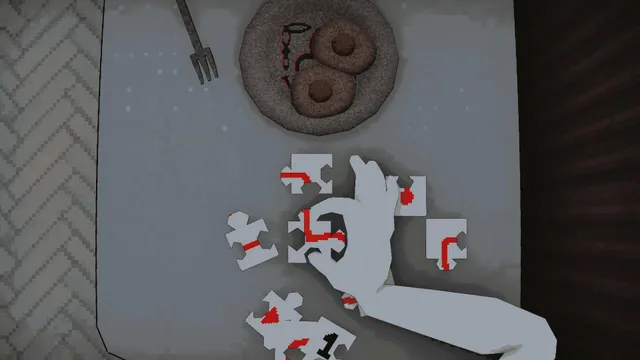 Kitchened screenshot: jigsaw pieces with red marks on a table beside a plate of food