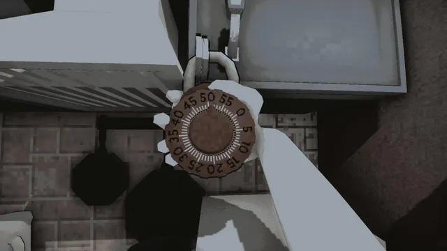 Kitchened screenshot: a hand turns a combination dial padlocked to a fridge door