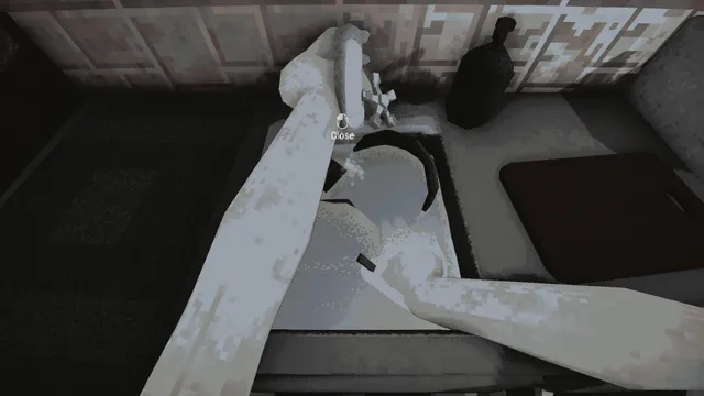 Kitchened screenshot: grey hands working at a kitchen sink under a tiled wall, with a dark bottle on the counter