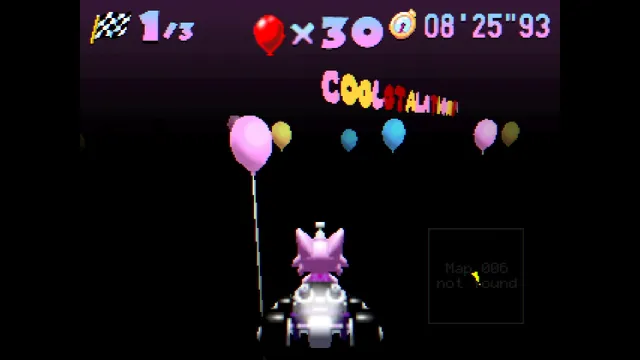 Kitty Kart 64 screenshot: balloons and a garbled congratulations banner in a black void, with a map that reads not found