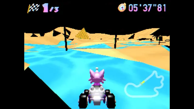Kitty Kart 64 screenshot: the kart drives through flat blue water by a desert of sand and pyramids under a black sky