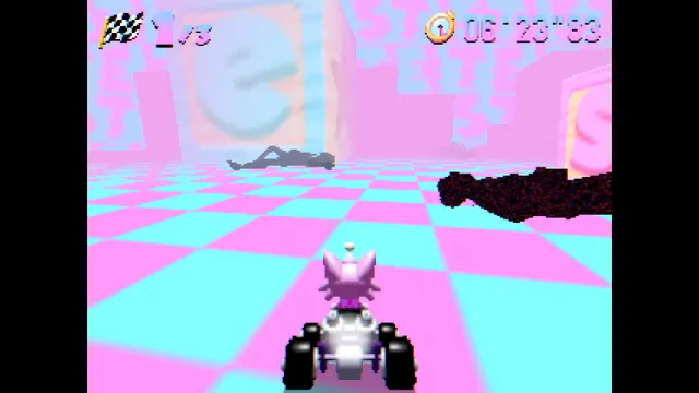 Kitty Kart 64 screenshot: the kart in a pastel pink and blue checkered room with smeared shapes and a dark mass on the floor