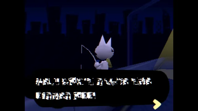 Kitty Kart 64 screenshot: a white cat on a dark city ledge above a dialogue box of garbled, unreadable text